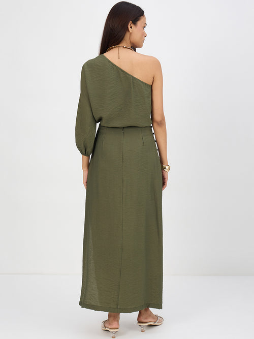 Olive One Shoulder Skirt Co-Ord Set