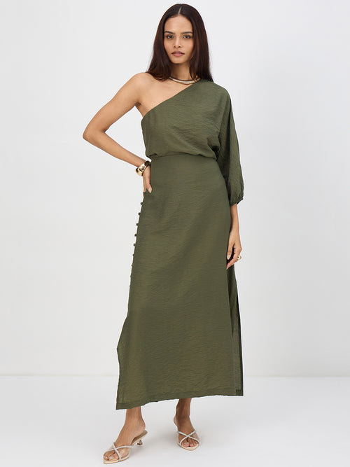 Olive One Shoulder Skirt Co-Ord Set