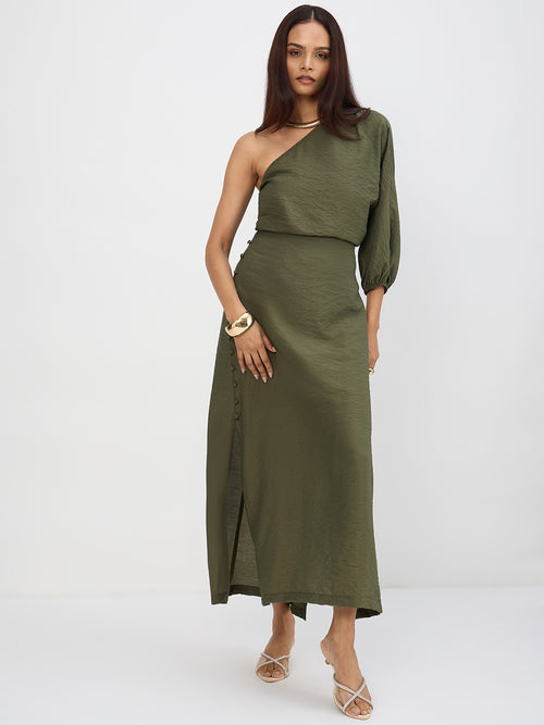 Olive One Shoulder Skirt Co-Ord Set
