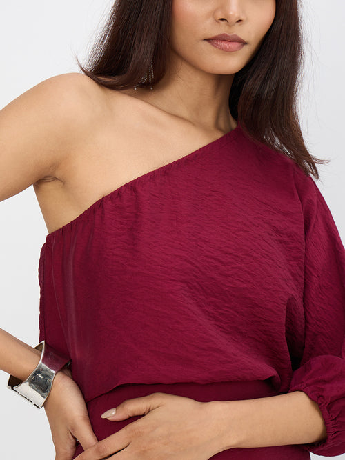 Maroon One Shoulder Skirt Co-Ord Set