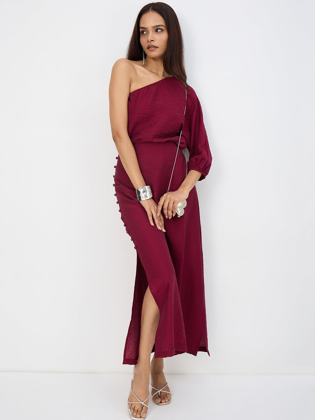Maroon One Shoulder Skirt Co-Ord Set