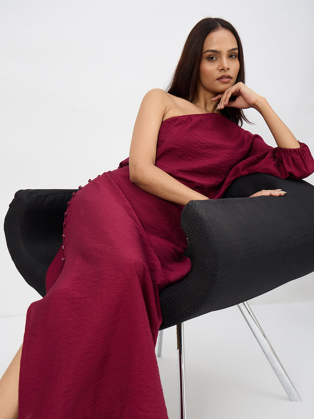 Maroon One Shoulder Skirt Co-Ord Set