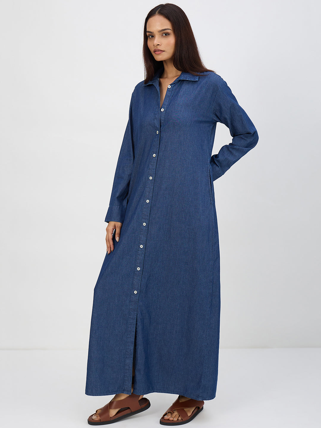 Navy Blue Denim Maxi Shirt Dress