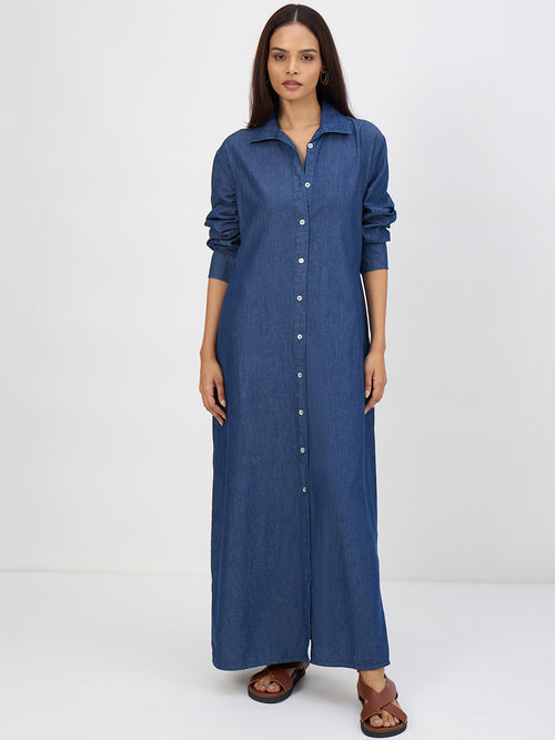 Navy Blue Denim Maxi Shirt Dress