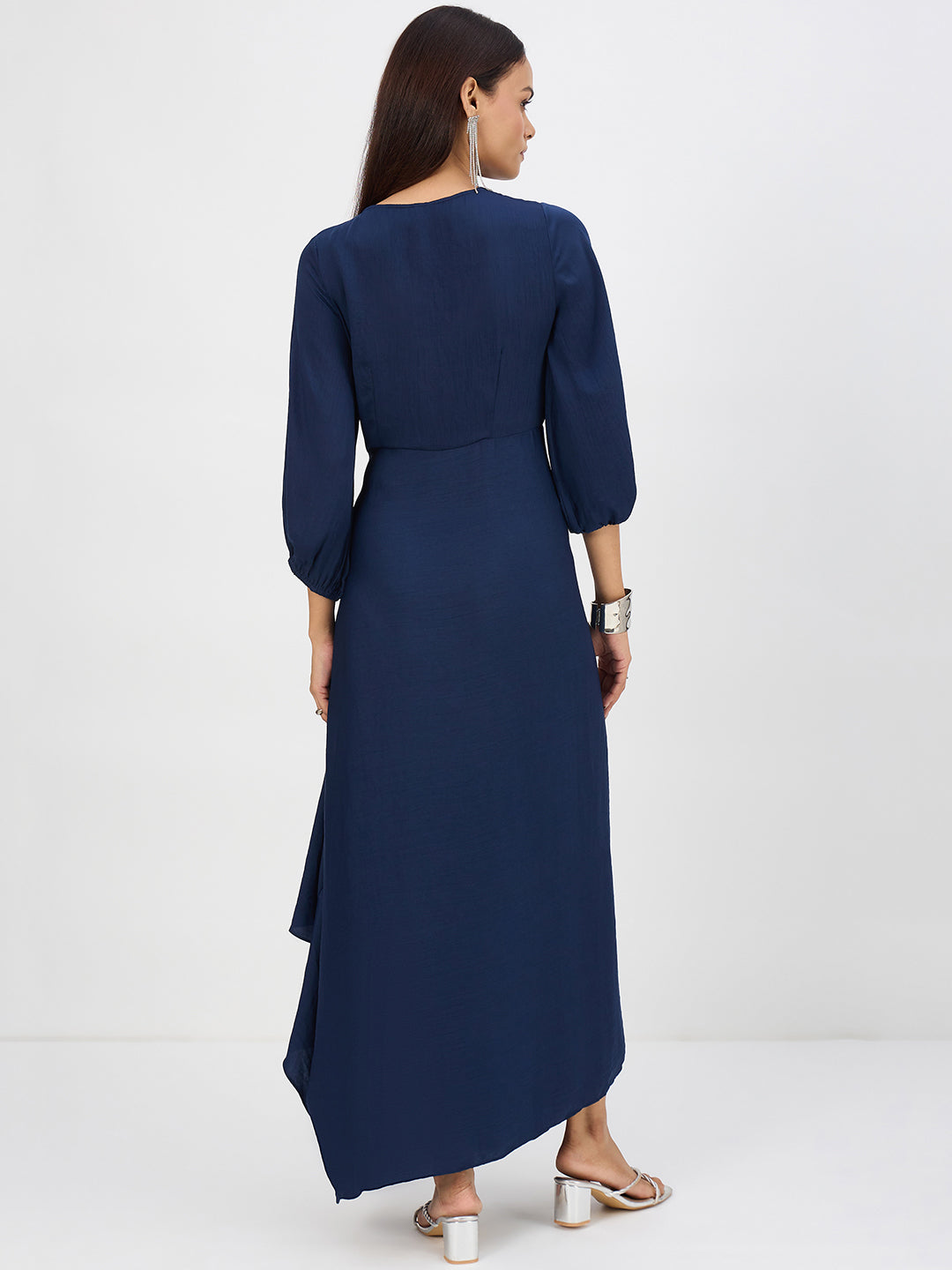 Navy Satin Front Twisted Maxi Dress