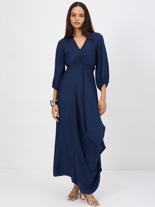 Navy Satin Front Twisted Maxi Dress