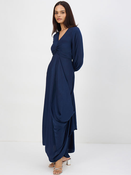 Navy Satin Front Twisted Maxi Dress