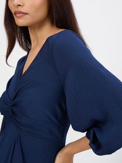 Navy Satin Front Twisted Maxi Dress
