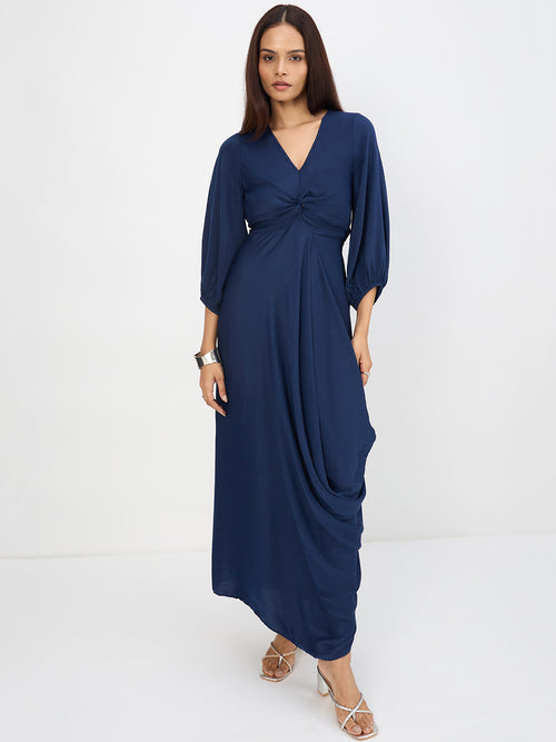 Navy Satin Front Twisted Maxi Dress