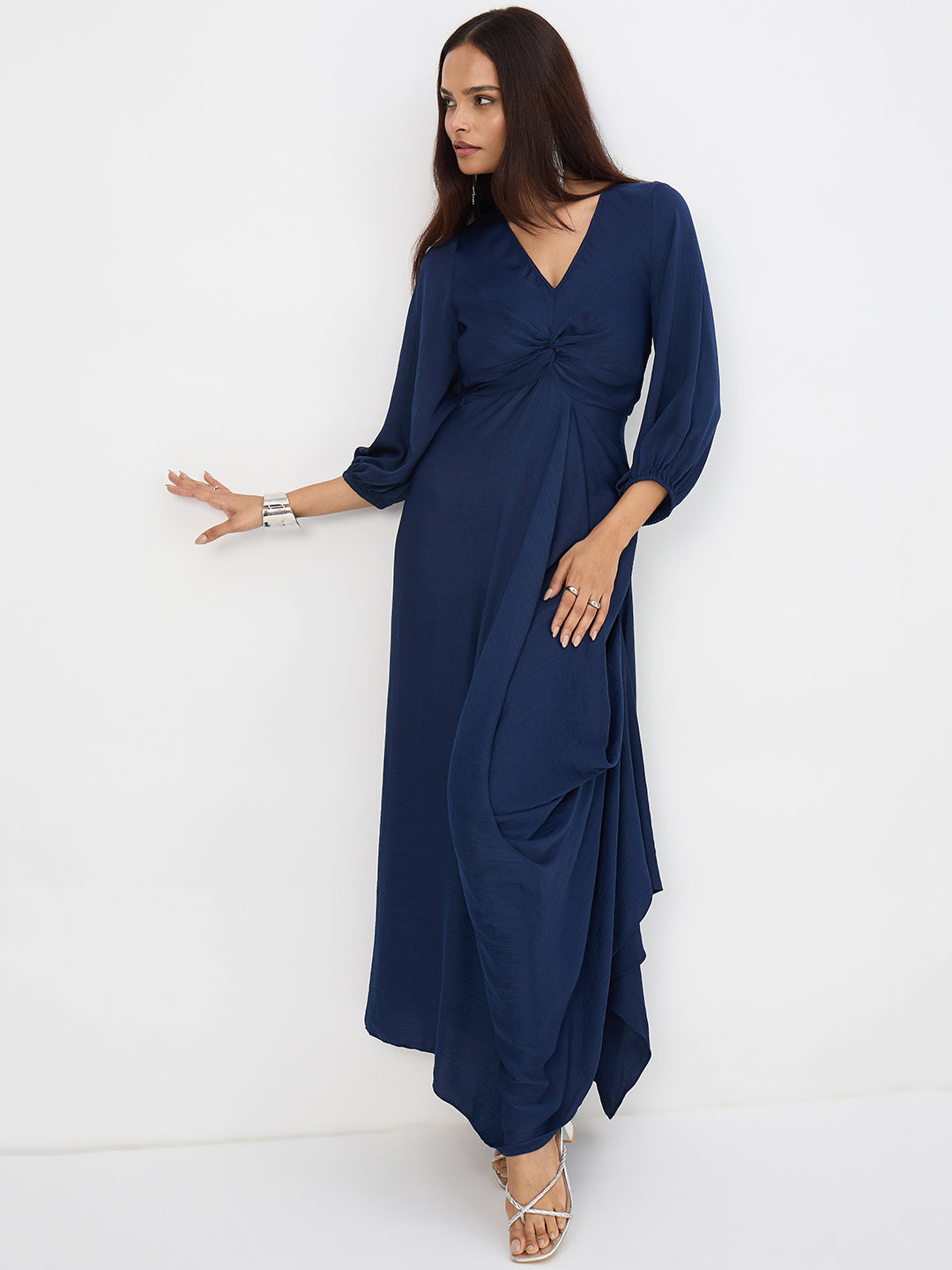 Navy Satin Front Twisted Maxi Dress