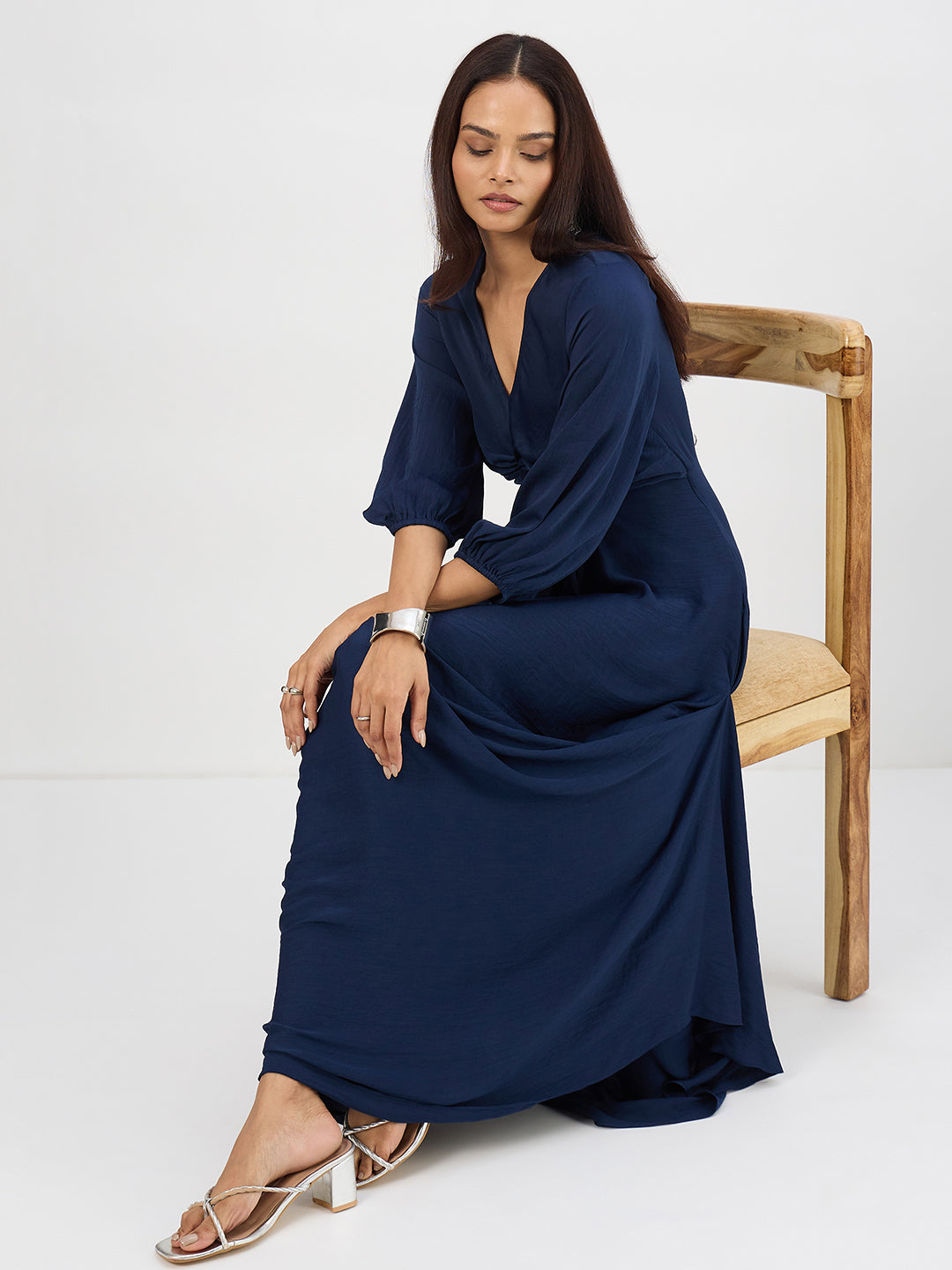 Navy Satin Front Twisted Maxi Dress