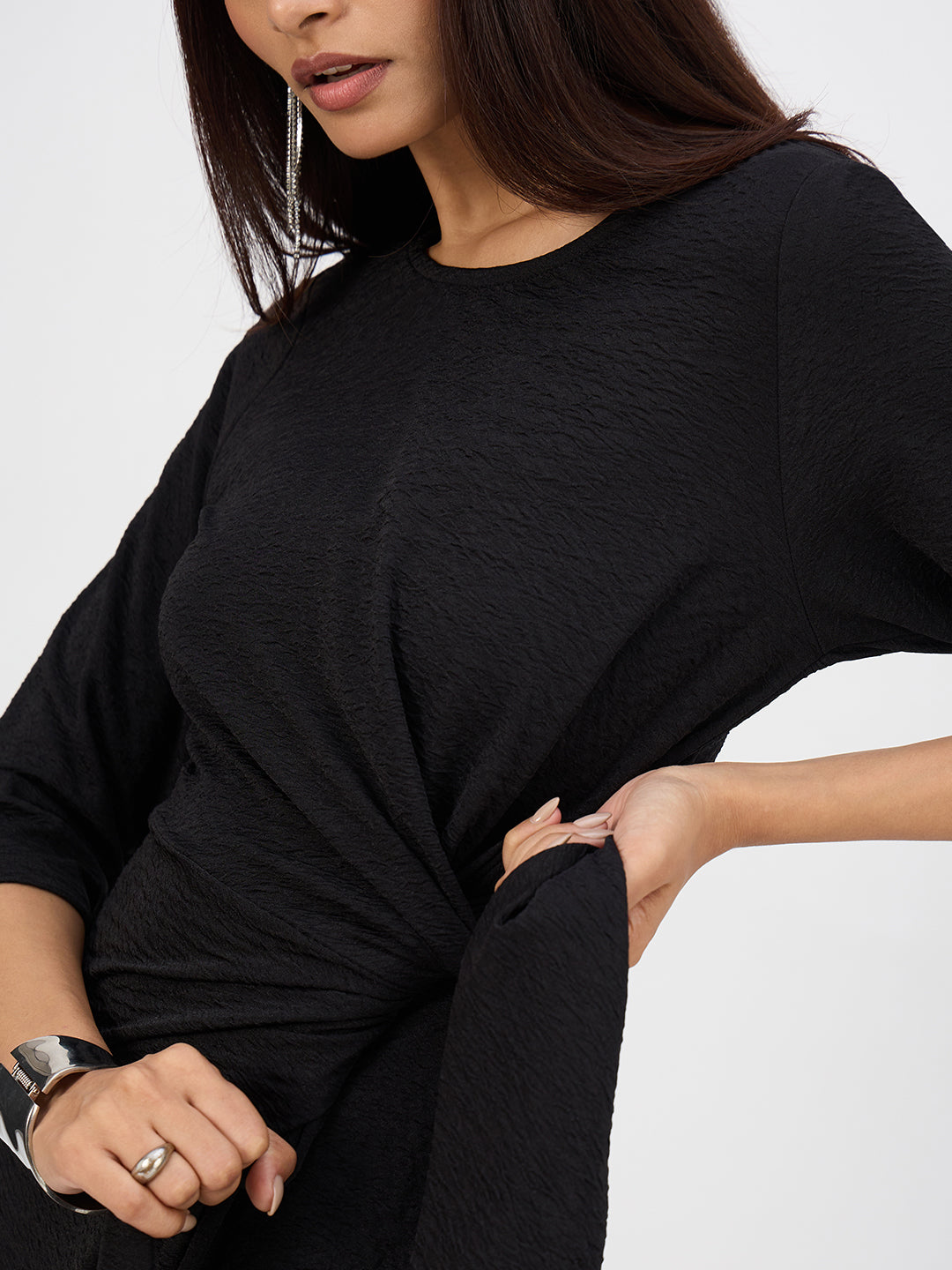 Black Textured Tie-Up Maxi Dress