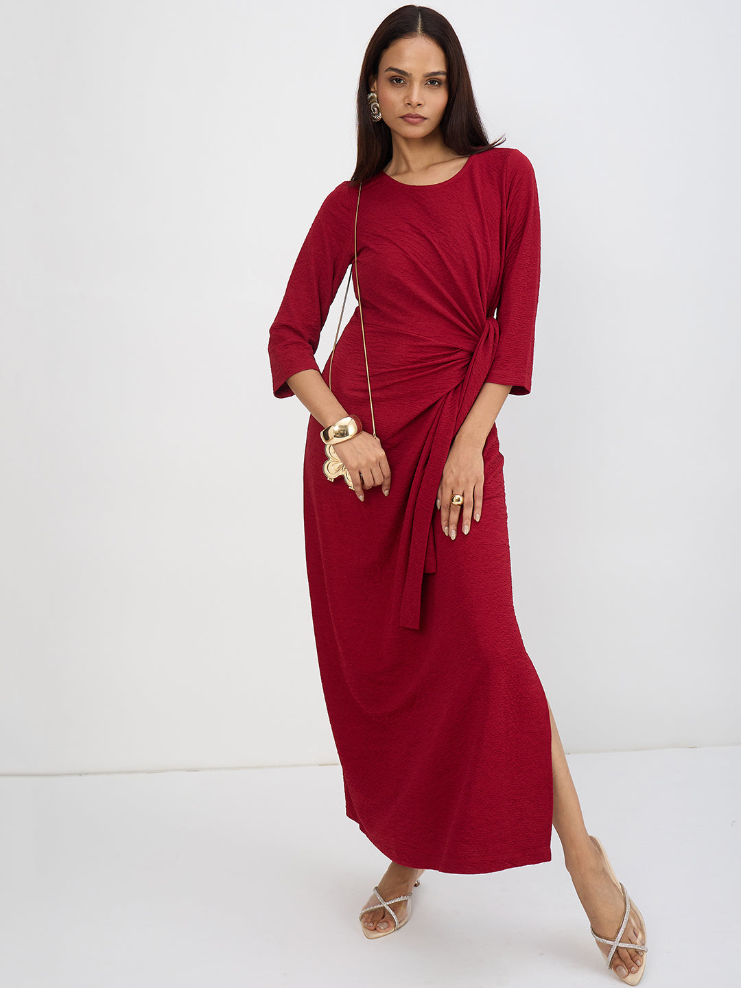 Deep Red Textured Tie-Up Maxi Dress