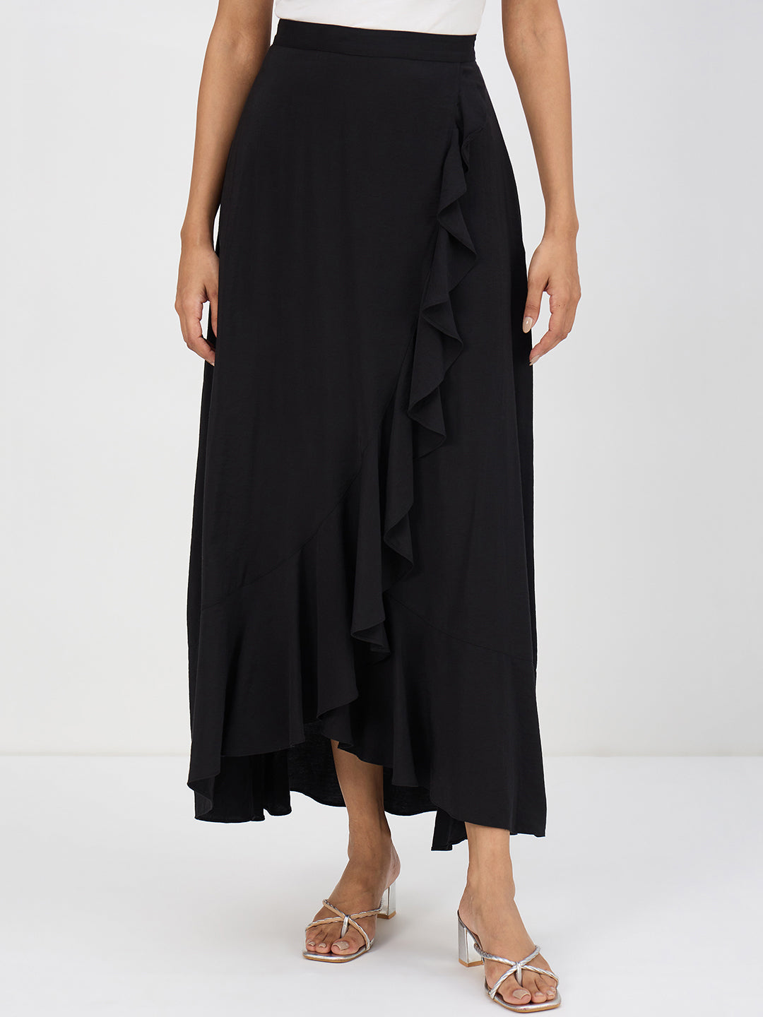 Black Ruffle Detail Maxi Skirt