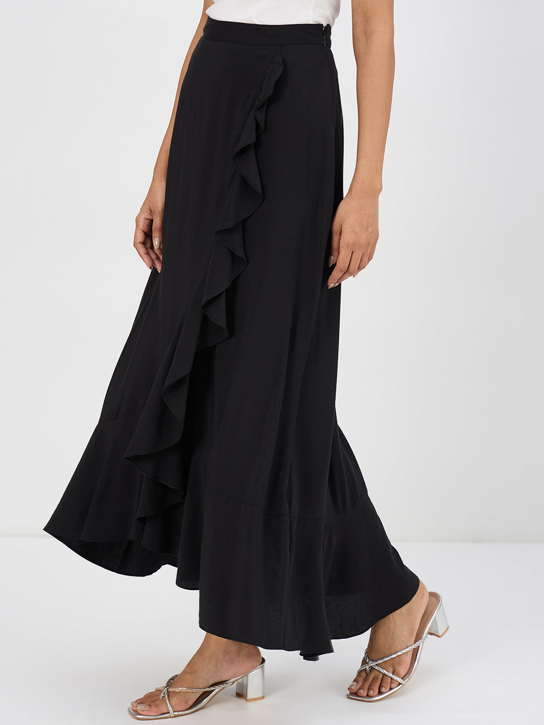 Black Ruffle Detail Maxi Skirt