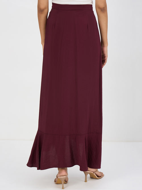 Wine Ruffle Detail Maxi Skirt