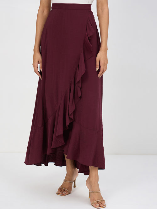 Wine Ruffle Detail Maxi Skirt
