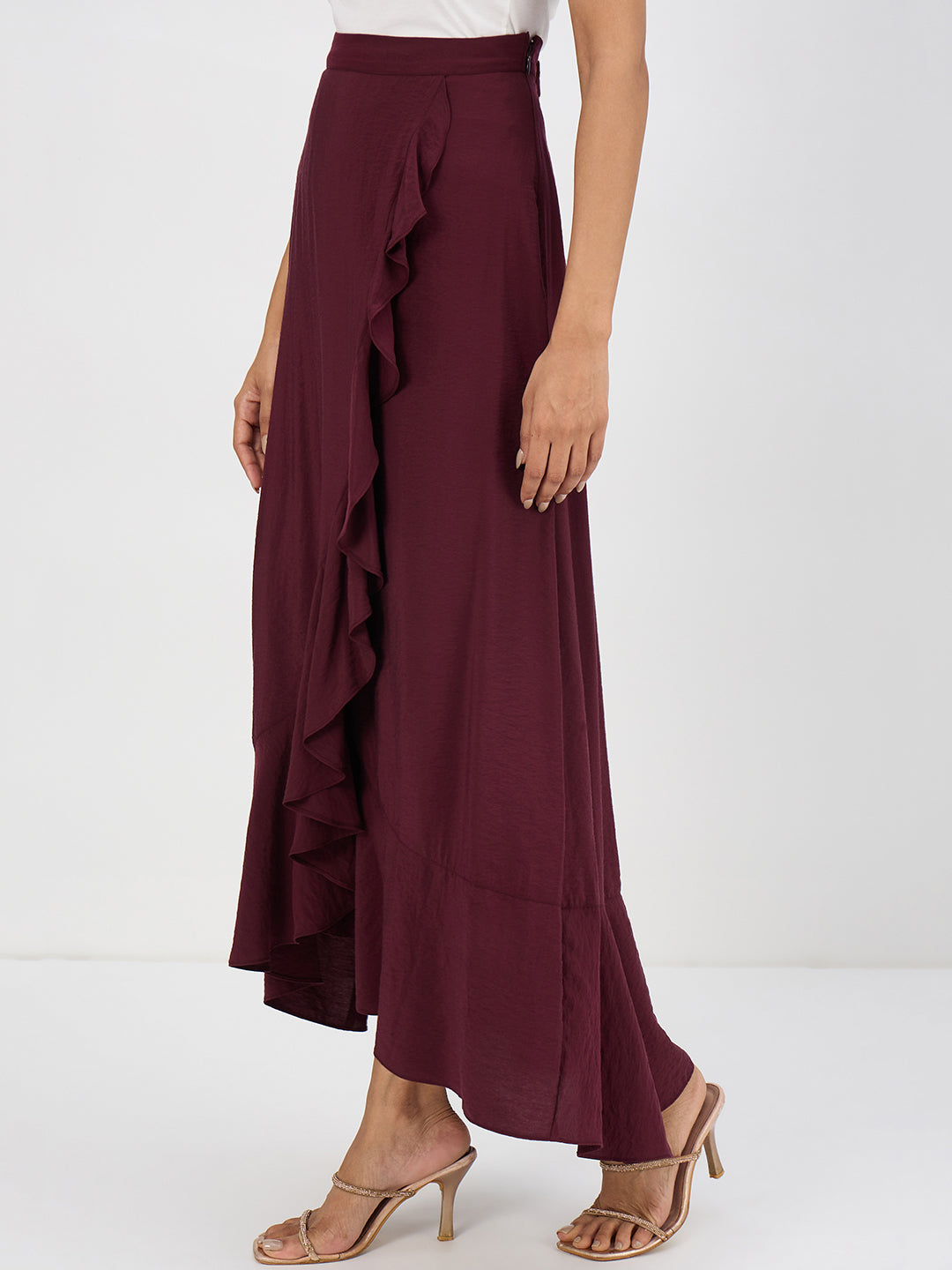 Wine Ruffle Detail Maxi Skirt