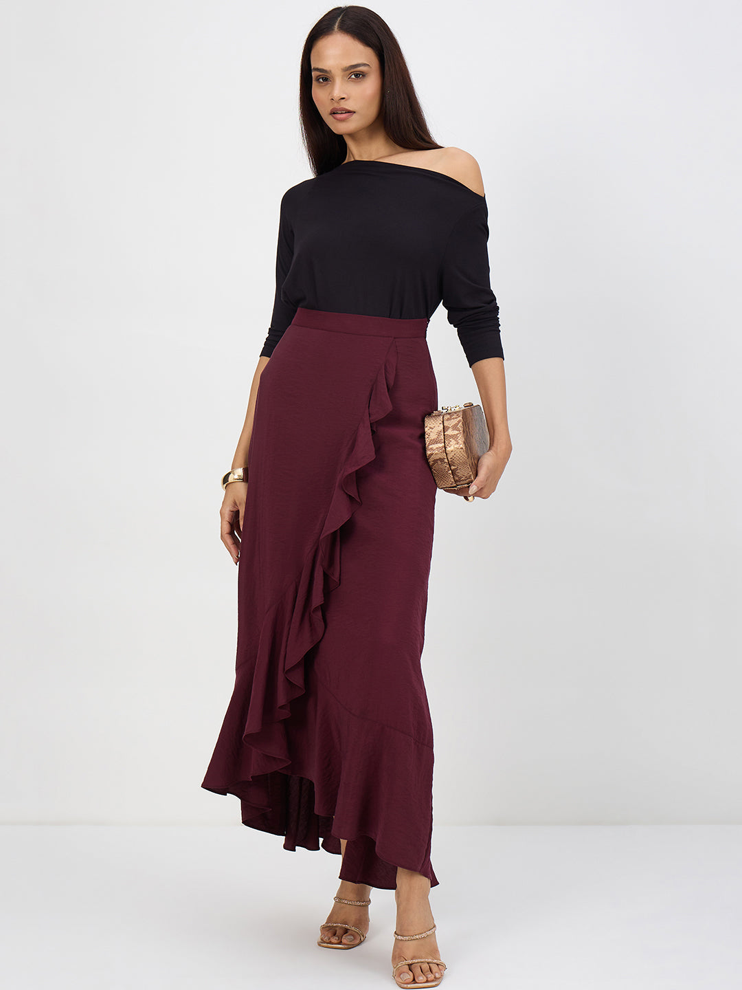 Wine Ruffle Detail Maxi Skirt