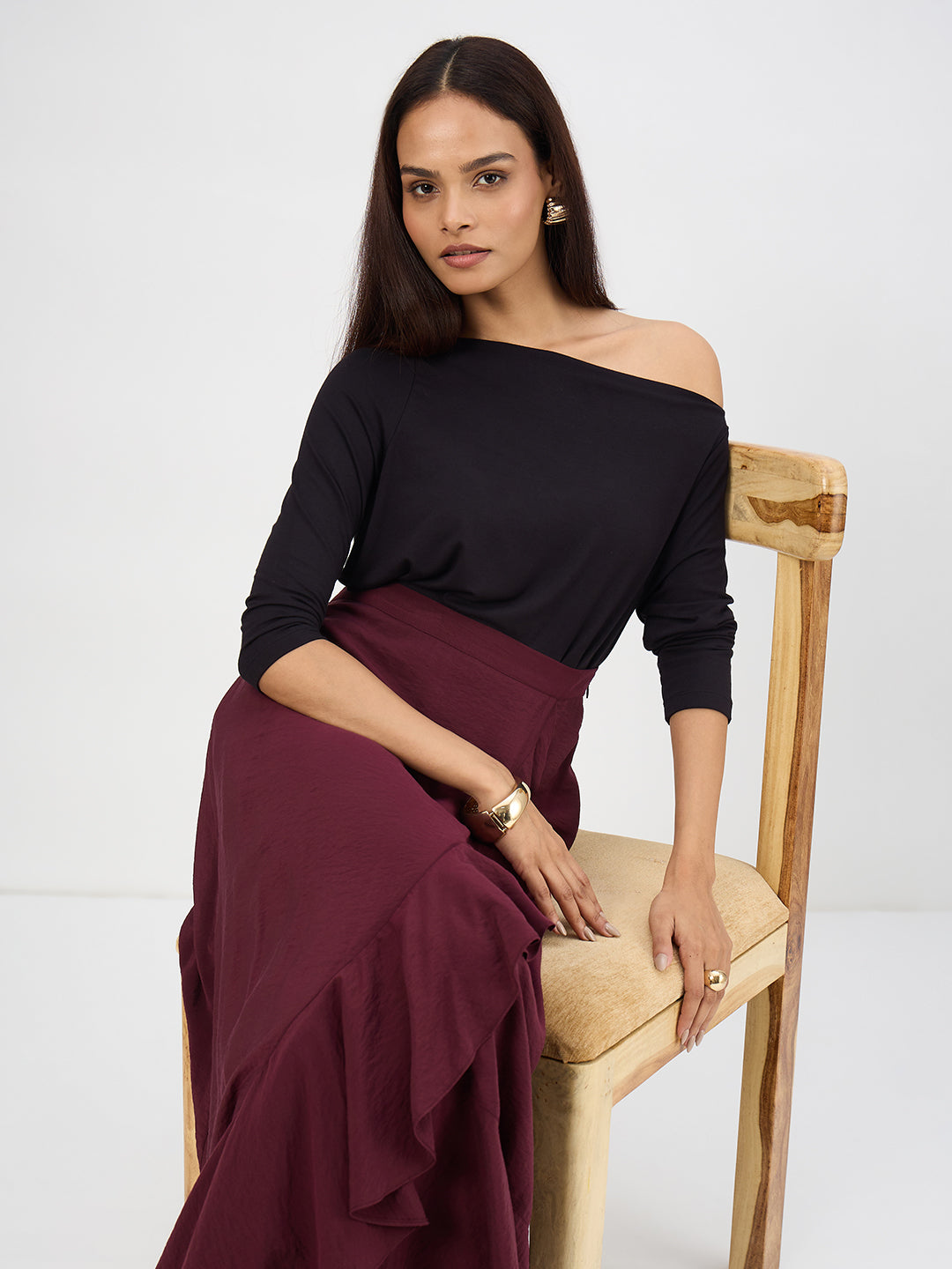 Wine Ruffle Detail Maxi Skirt
