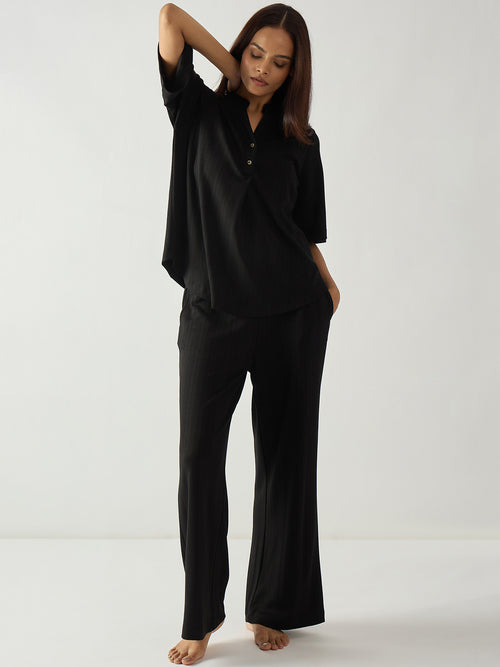 Black Pleat Detail Textured Jersey Co-Ord Set