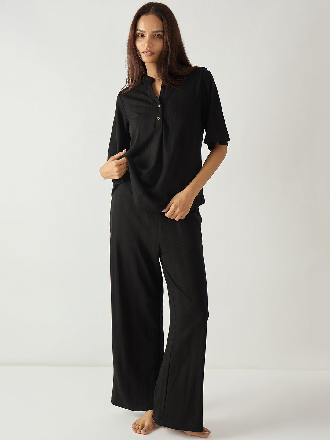 Black Pleat Detail Textured Jersey Co-Ord Set