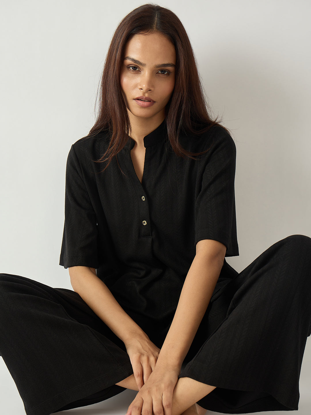 Black Pleat Detail Textured Jersey Co-Ord Set