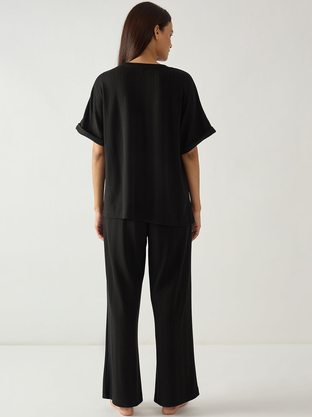 Black Round Neck Textured Jersey Co-Ord Set