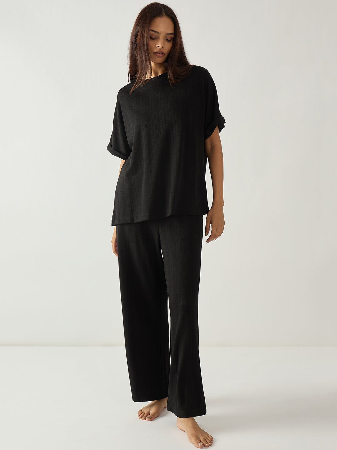 Black Round Neck Textured Jersey Co-Ord Set