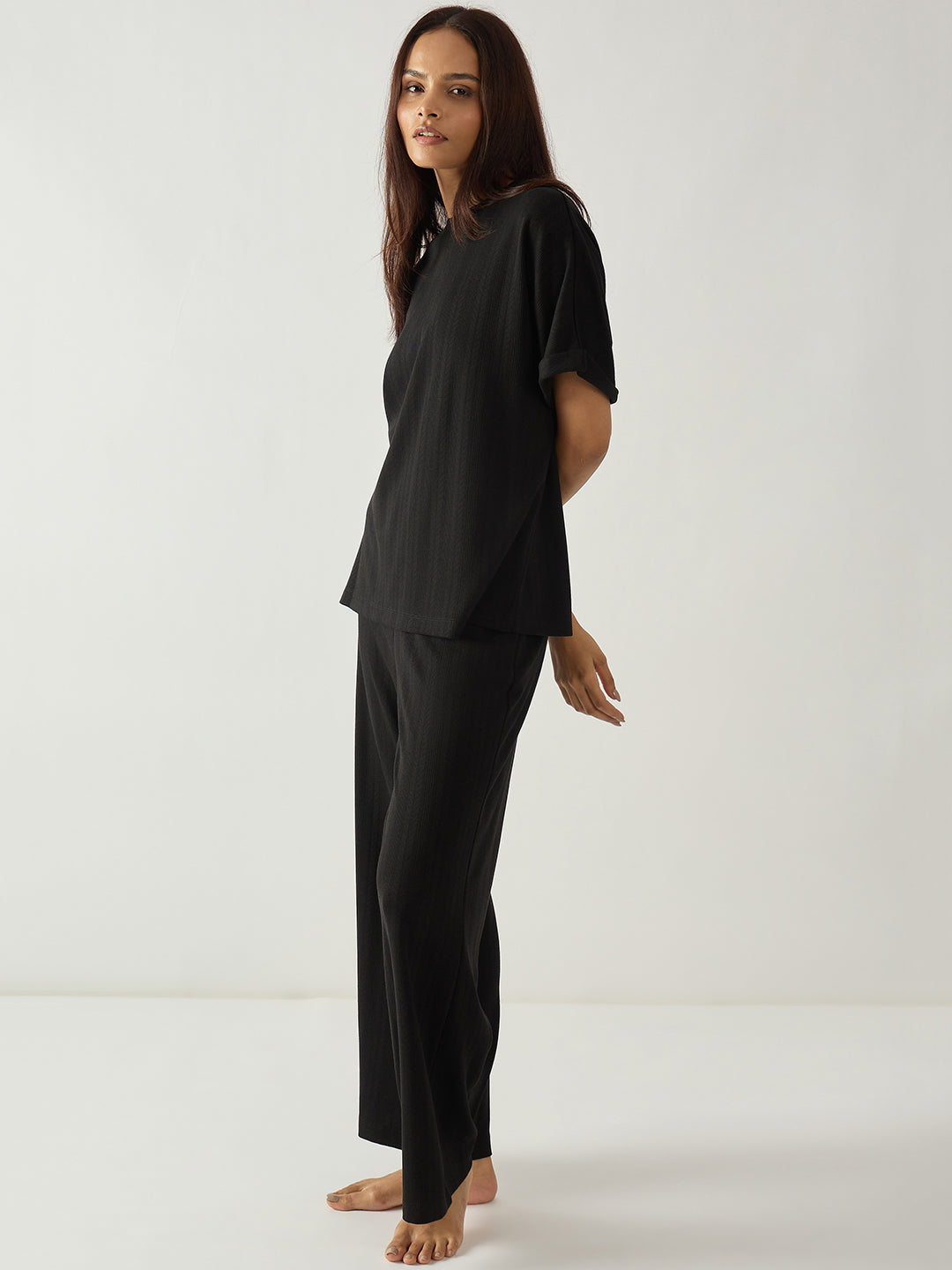 Black Round Neck Textured Jersey Co-Ord Set