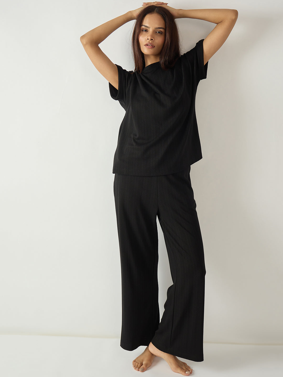 Black Round Neck Textured Jersey Co-Ord Set