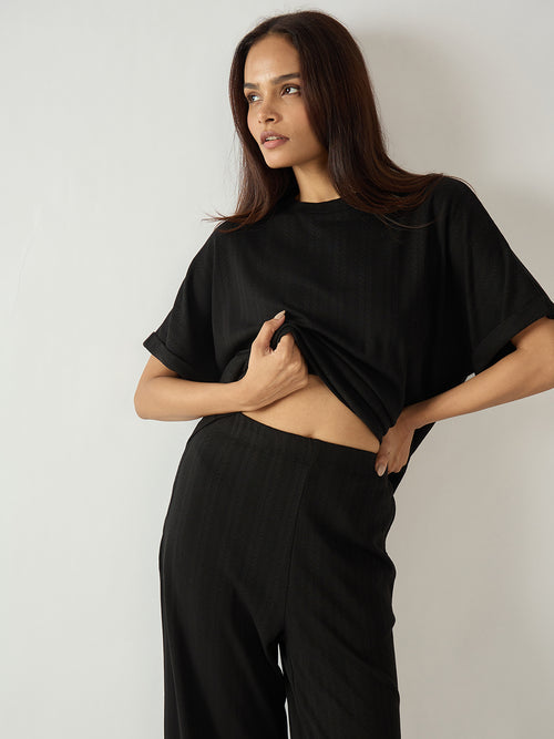 Black Round Neck Textured Jersey Co-Ord Set