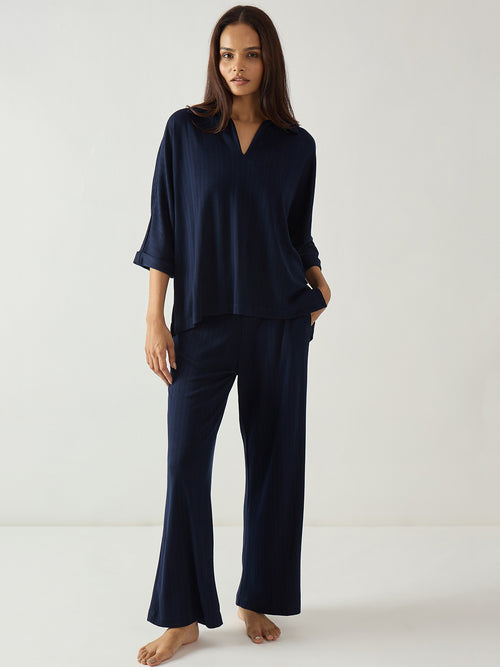 Navy Kimono Textured Jersey Co-Ord Set