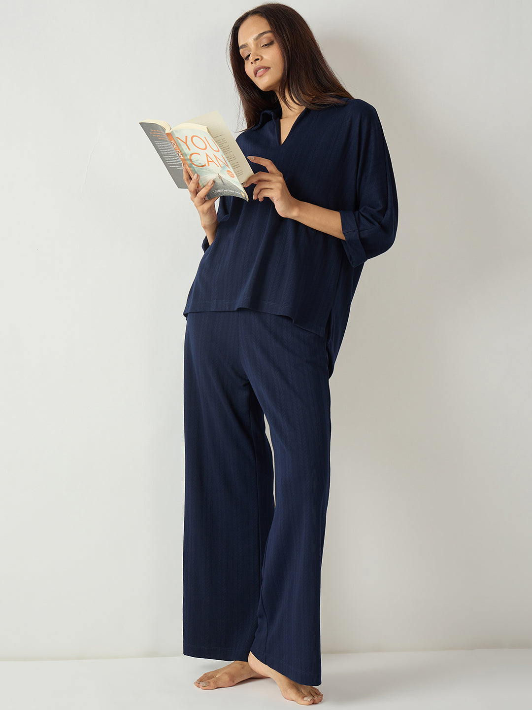 Navy Kimono Textured Jersey Co-Ord Set