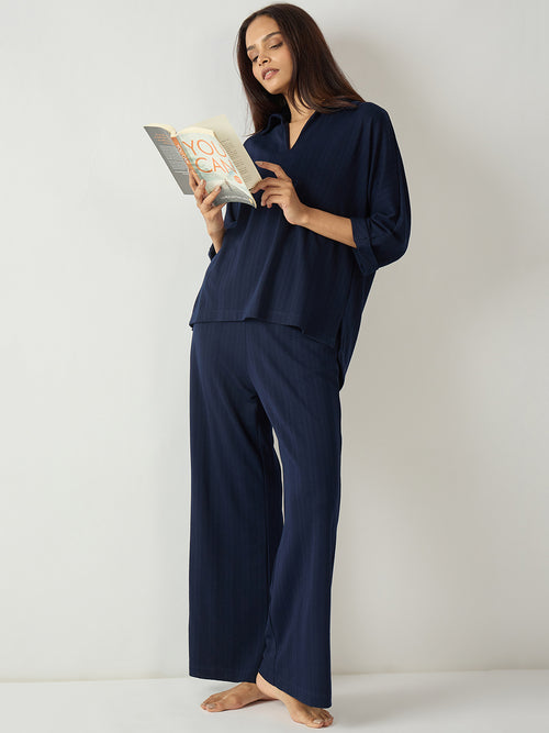 Navy Kimono Textured Jersey Co-Ord Set