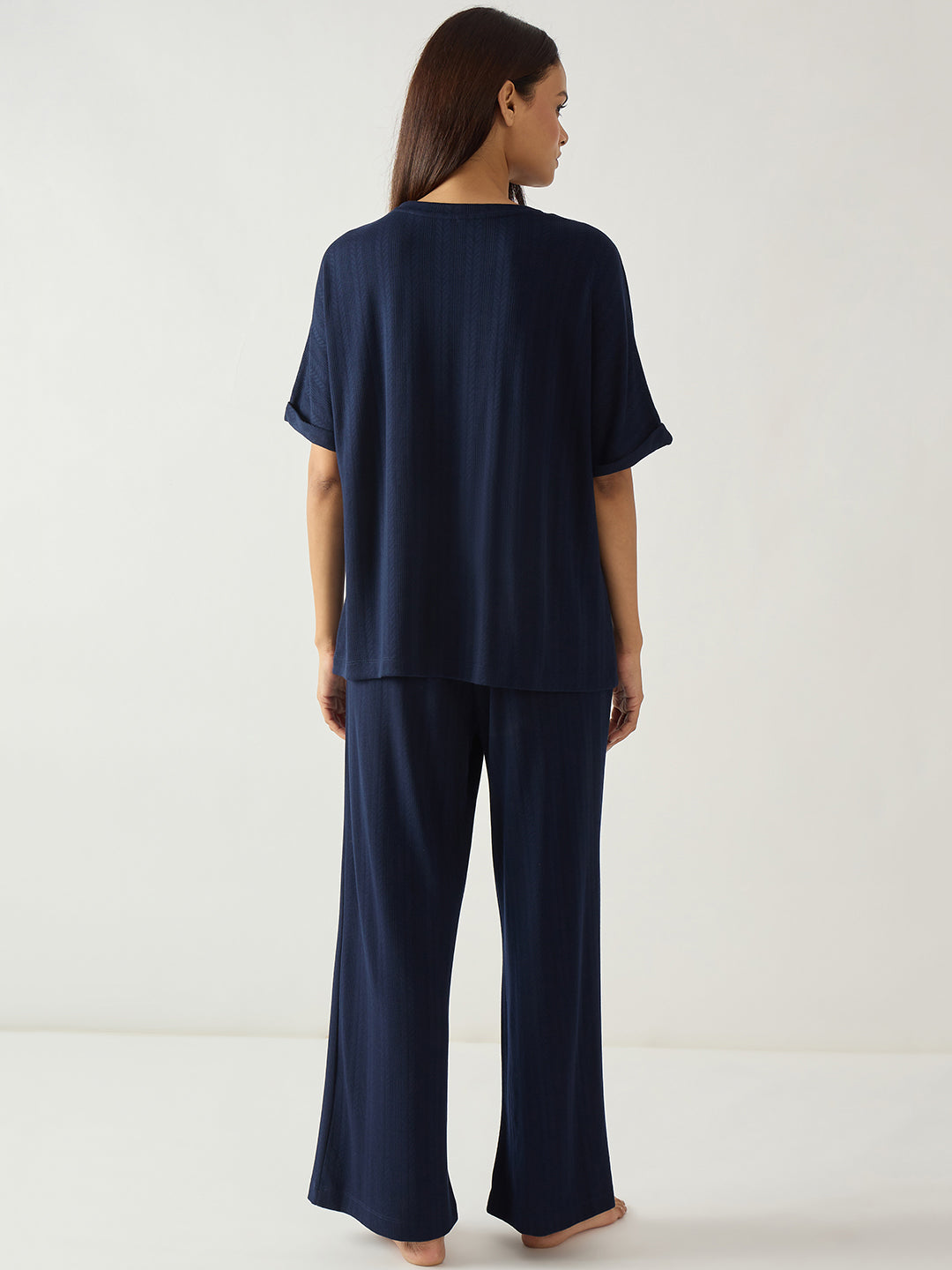 Navy Round Neck Textured Jersey Co-Ord Set