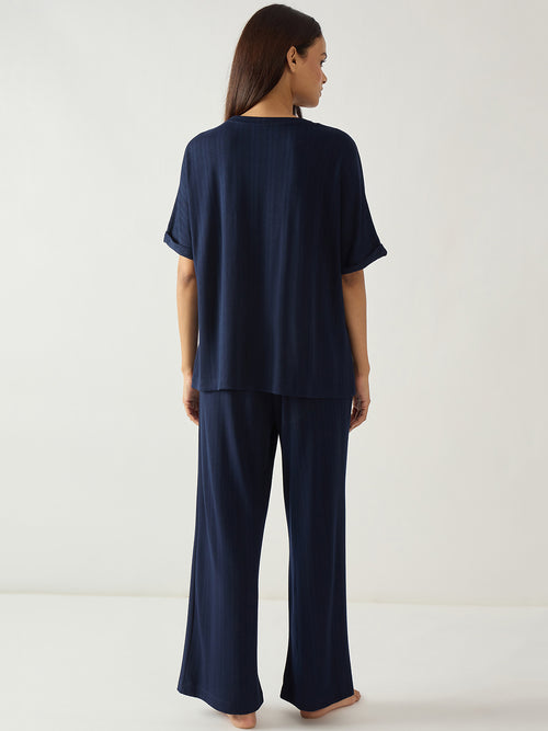 Navy Round Neck Textured Jersey Co-Ord Set