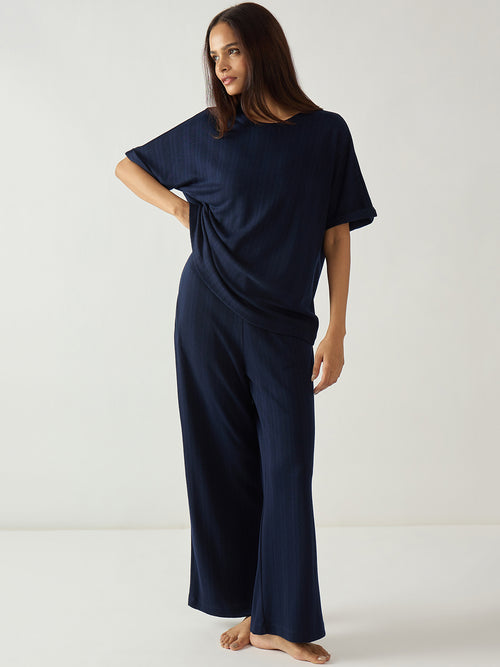 Navy Round Neck Textured Jersey Co-Ord Set