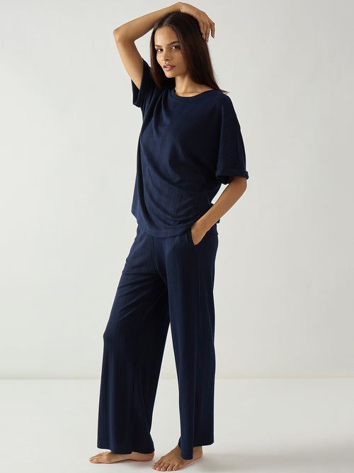 Navy Round Neck Textured Jersey Co-Ord Set