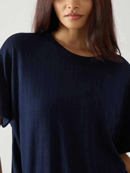 Navy Round Neck Textured Jersey Co-Ord Set