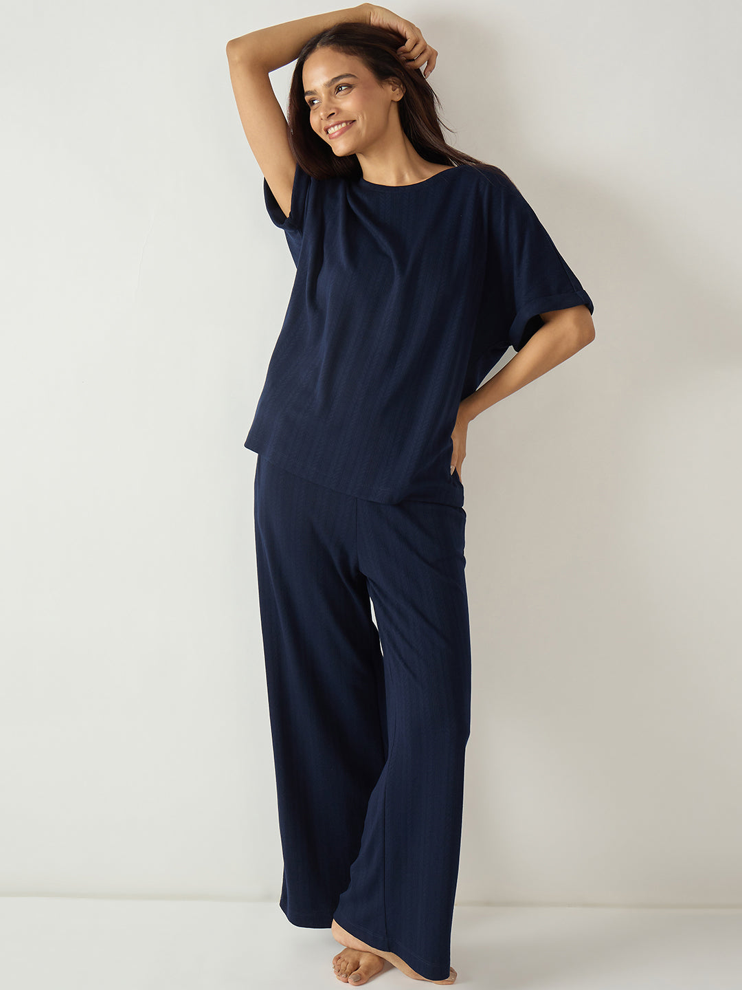 Navy Round Neck Textured Jersey Co-Ord Set