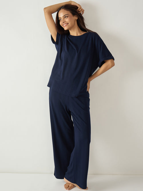 Navy Round Neck Textured Jersey Co-Ord Set