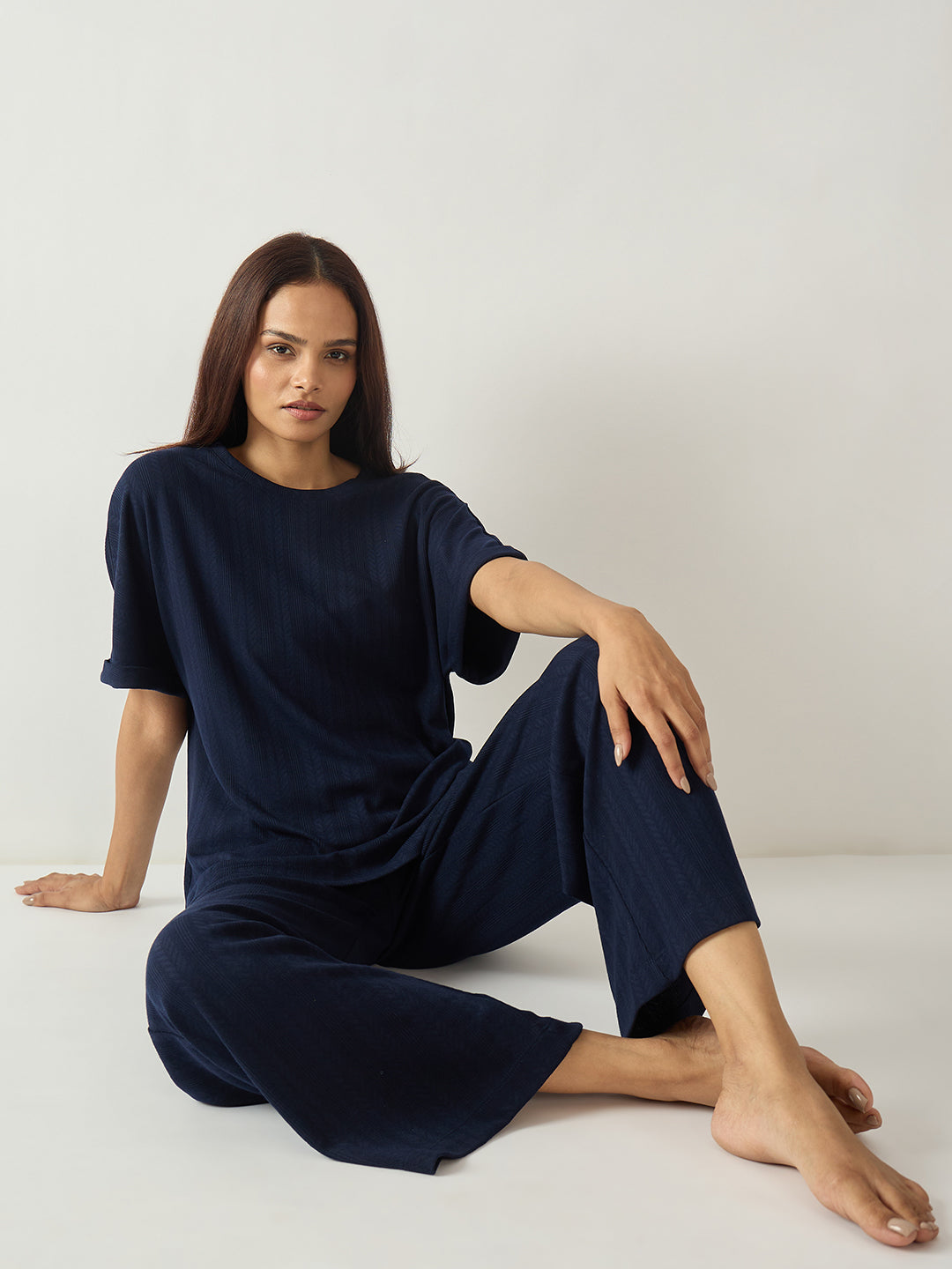 Navy Round Neck Textured Jersey Co-Ord Set