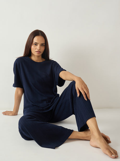 Navy Round Neck Textured Jersey Co-Ord Set