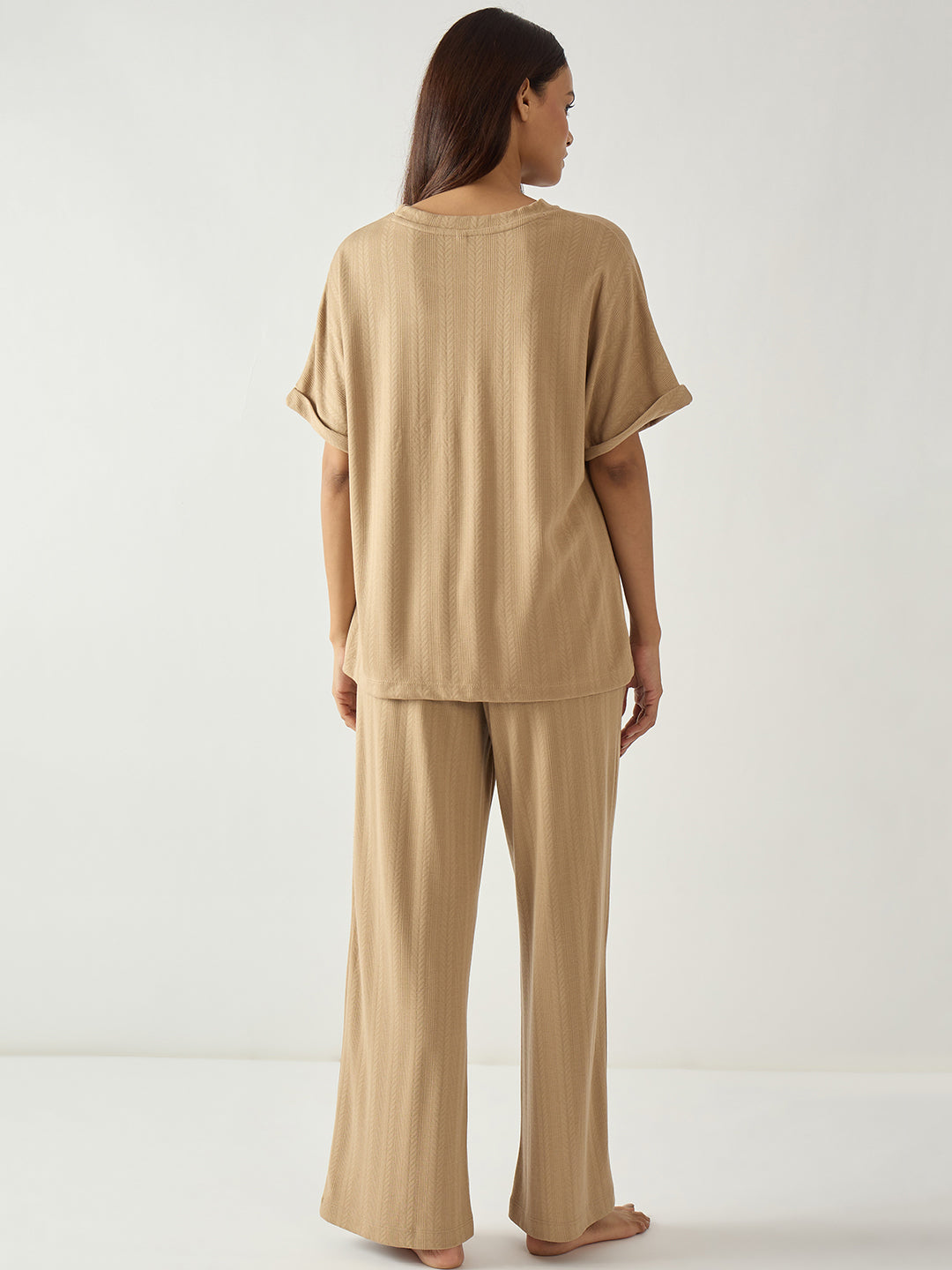 Beige Round Neck Textured Jersey Co-Ord Set