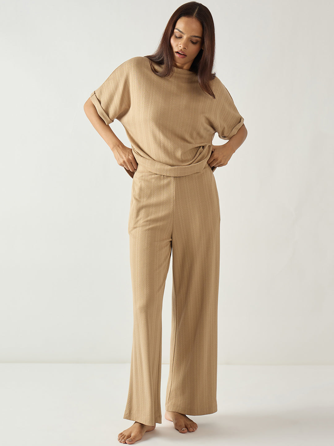 Beige Round Neck Textured Jersey Co-Ord Set