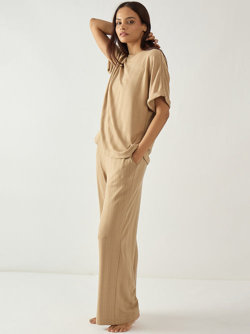 Beige Round Neck Textured Jersey Co-Ord Set