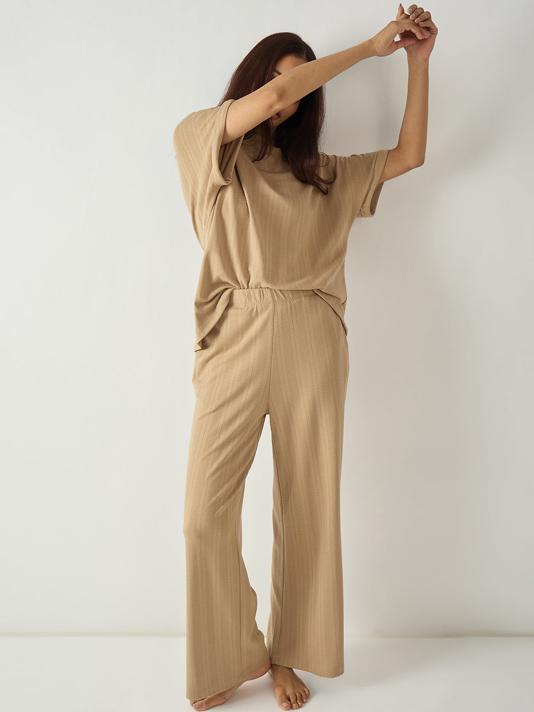Beige Round Neck Textured Jersey Co-Ord Set