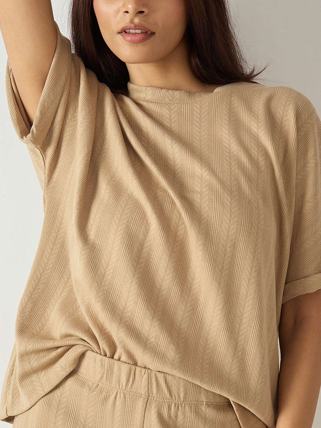 Beige Round Neck Textured Jersey Co-Ord Set