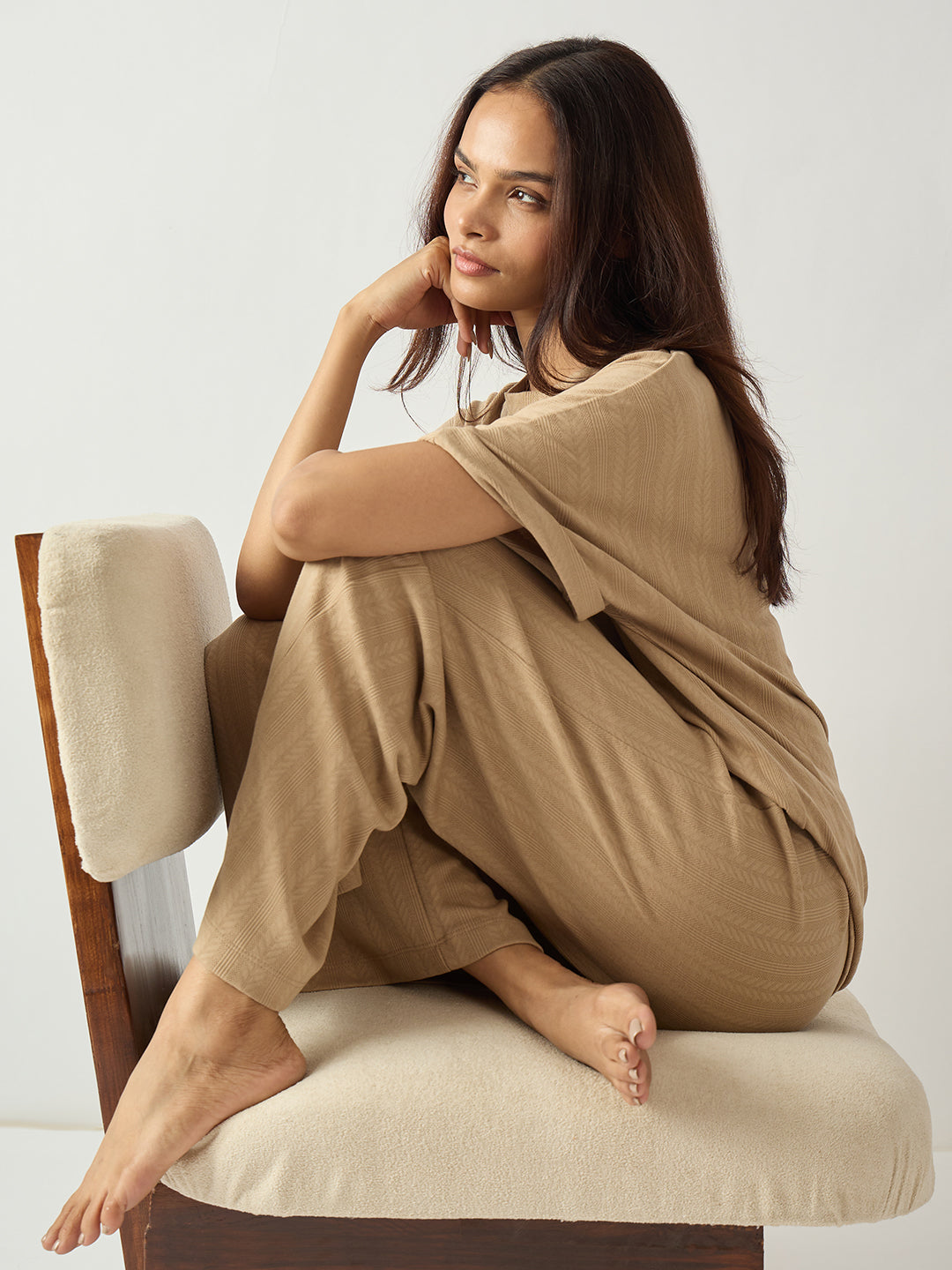 Beige Round Neck Textured Jersey Co-Ord Set